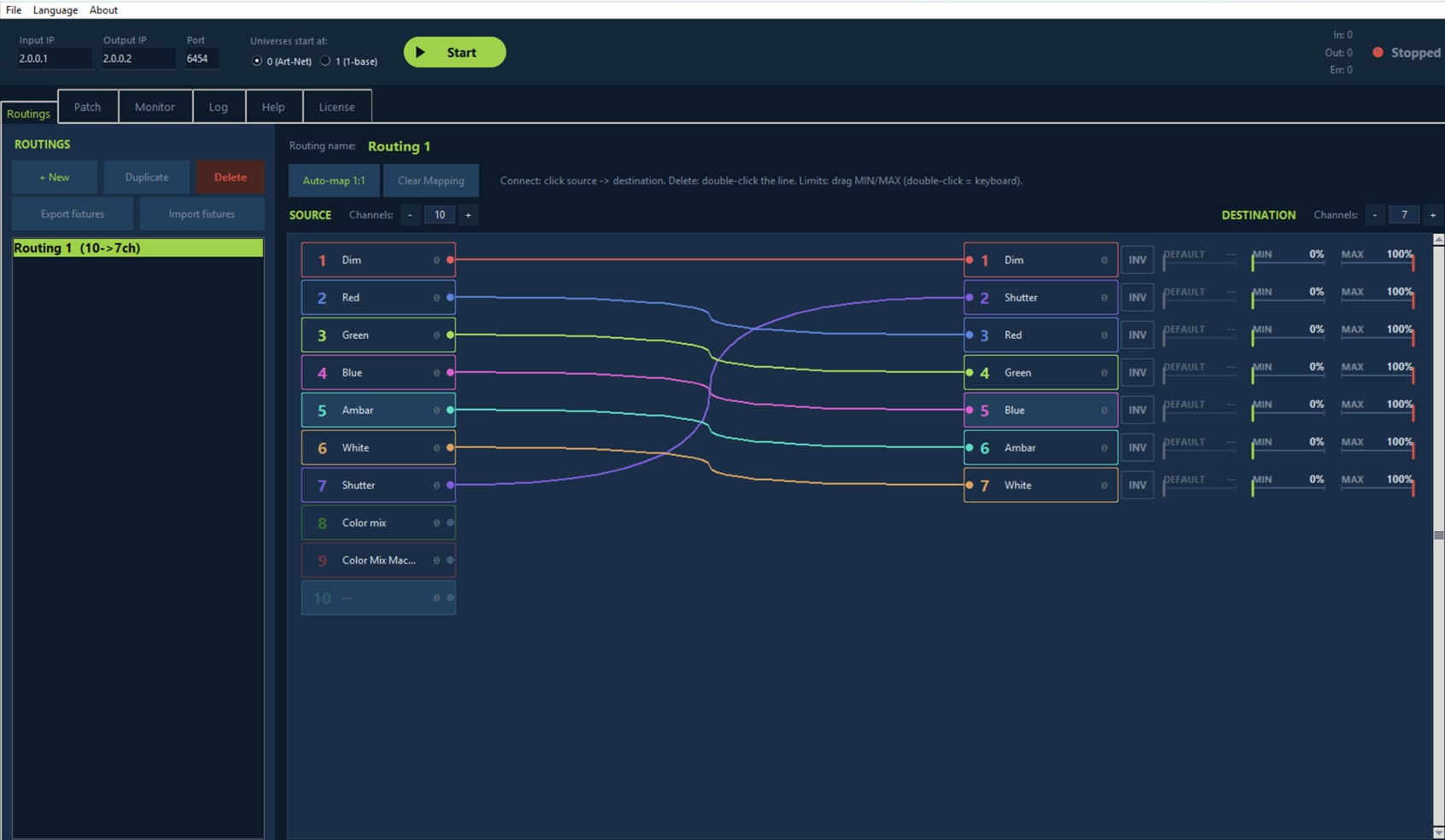 DMX Remapper — aba Routings com mapeamento visual de canais